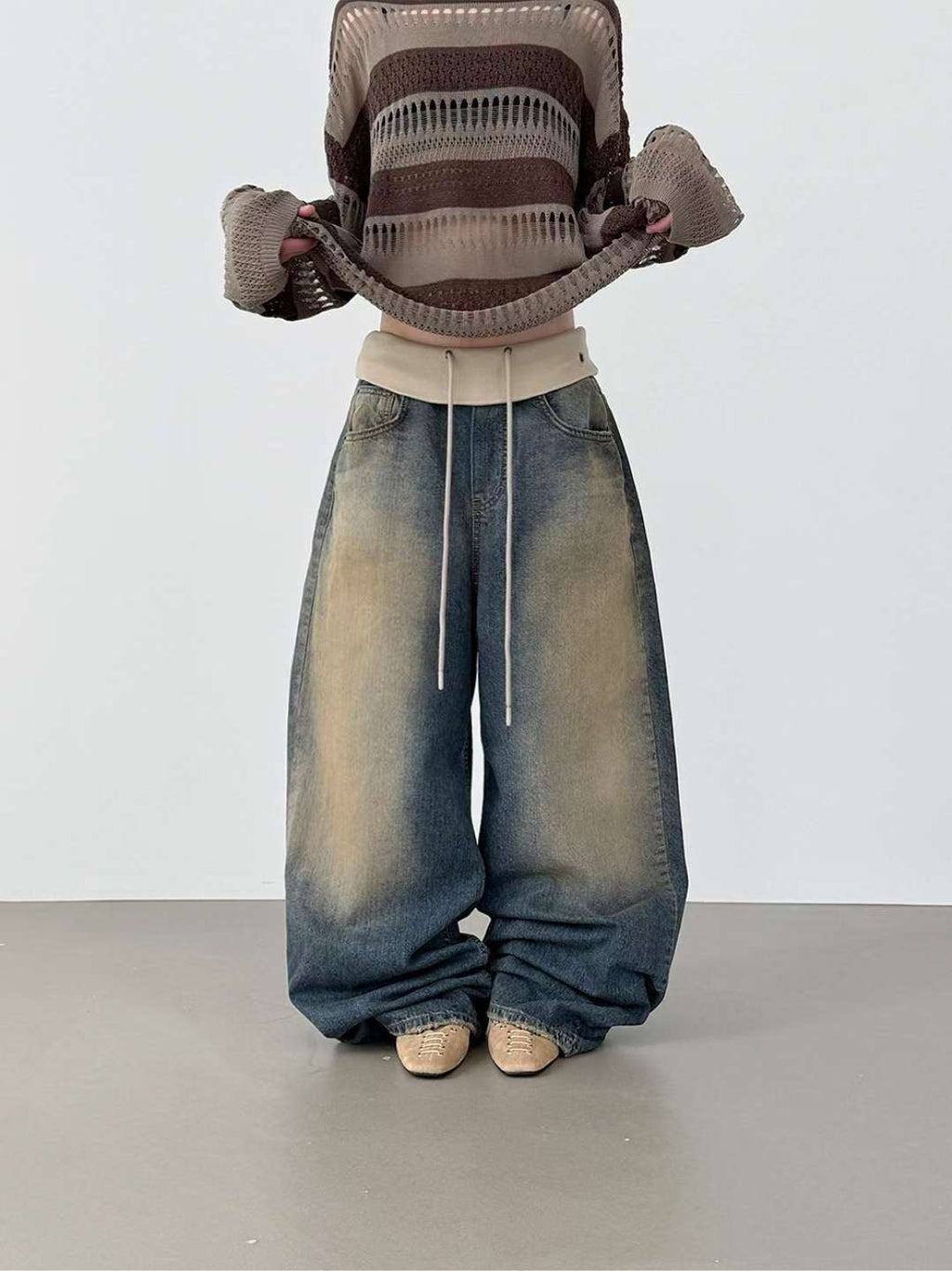 翻邊復古做舊牛仔褲