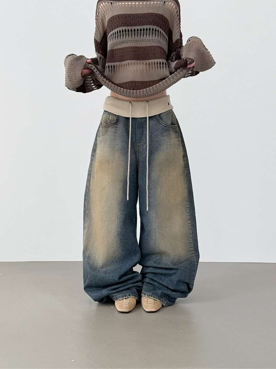 翻邊復古做舊牛仔褲