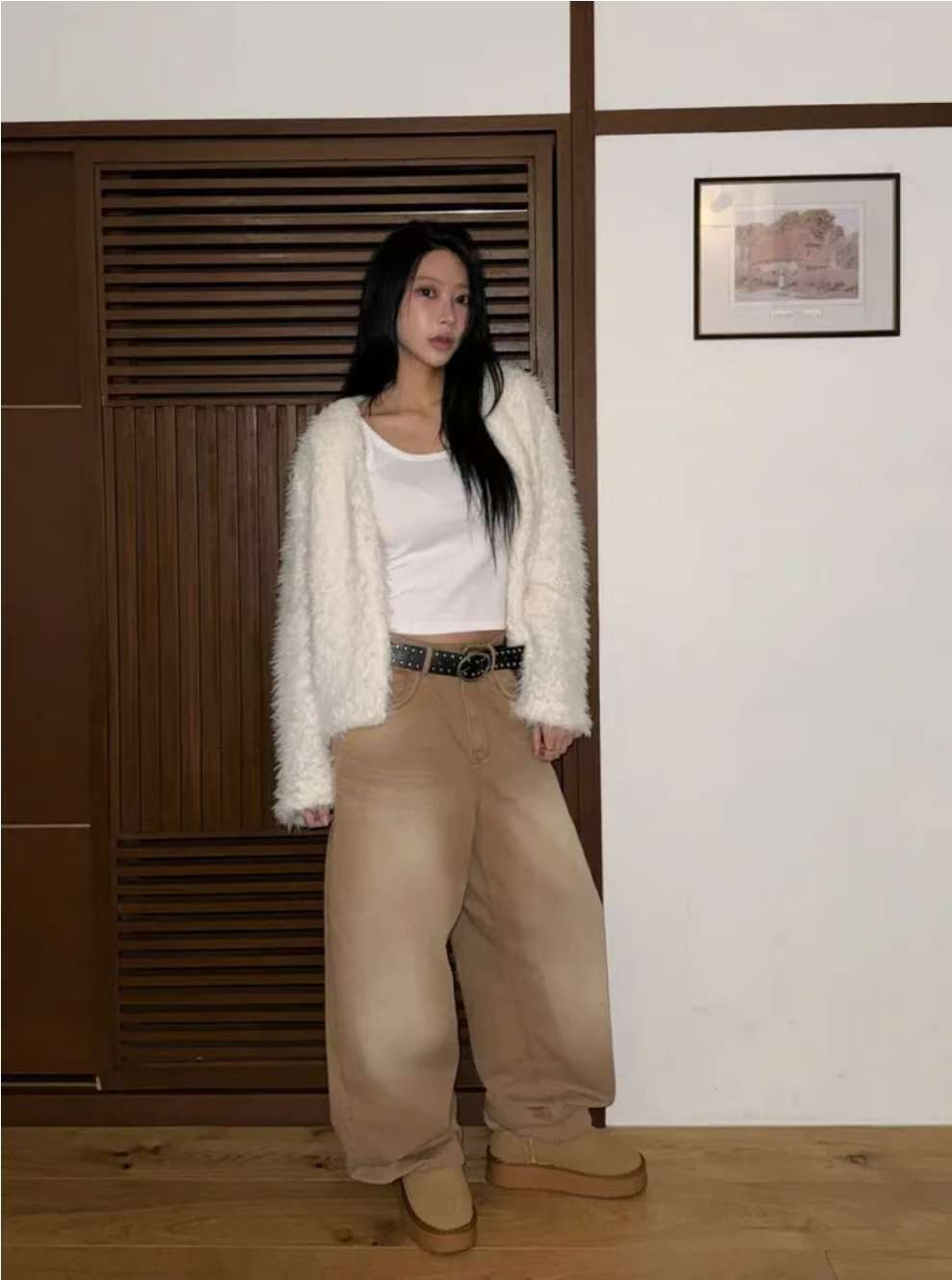 摩卡色水洗闊腳牛仔褲